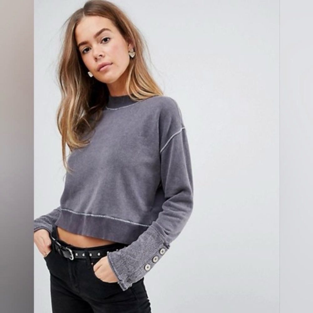 Free People Look Ahead Cropped Sweatshirt Sz L Charcoal Boho Relaxed Comfy